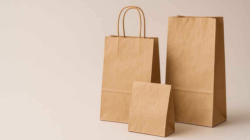 Sacolas e sacos de papel kraft, sem marca, em fundo claro de estúdio