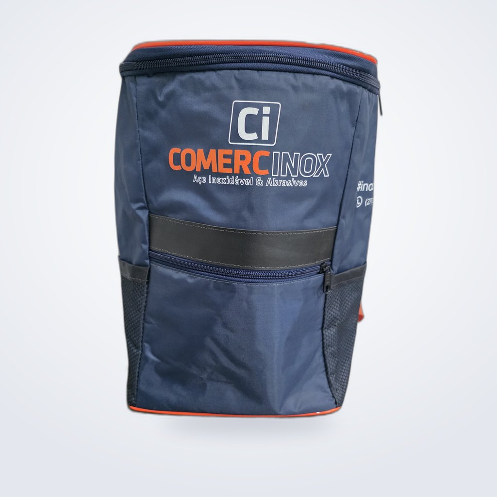 Mochila térmica azul-marinho com bolso frontal produzida para a ComercInox