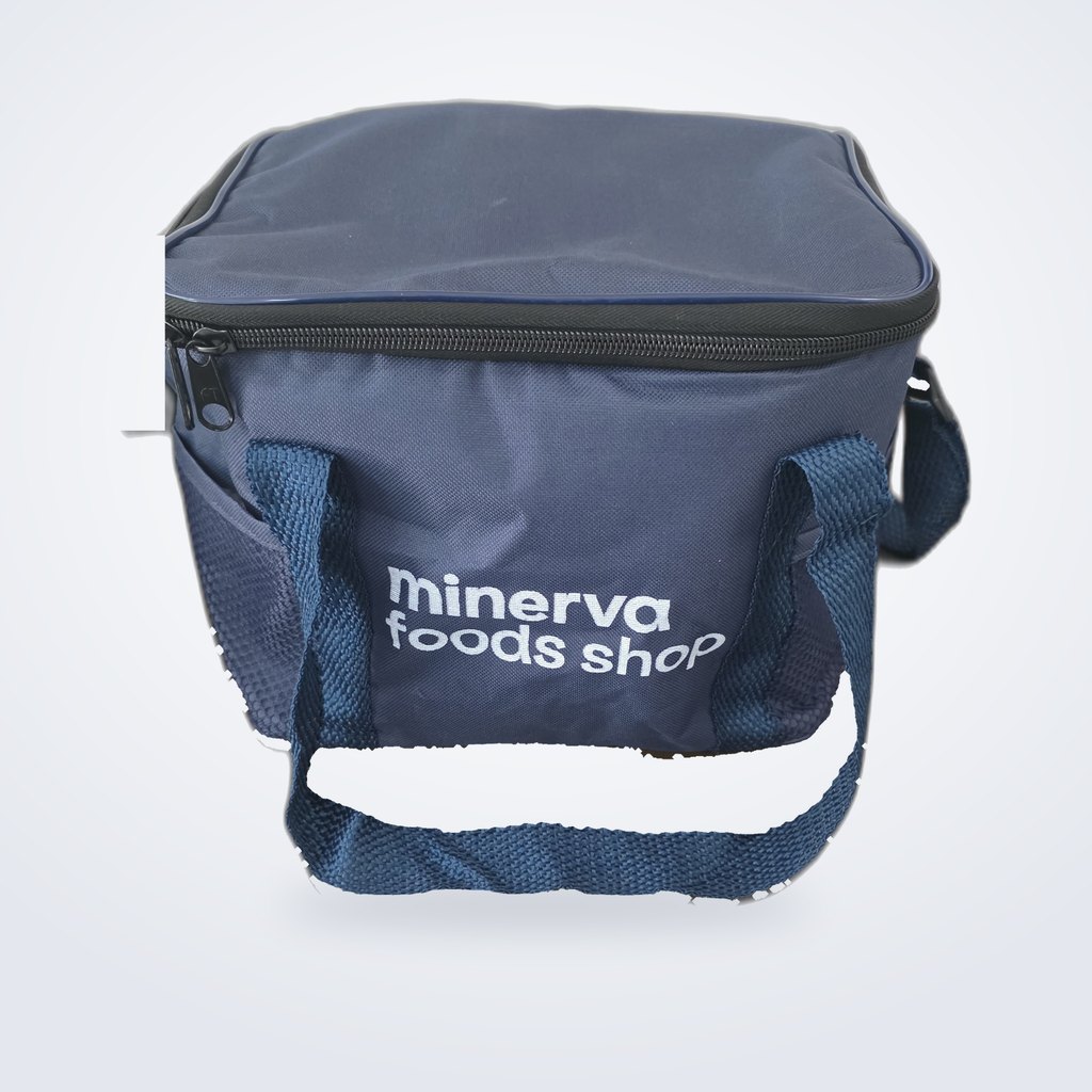 Bolsa térmica azul-marinho com alça de ombro produzida para a Minerva Foods Shop